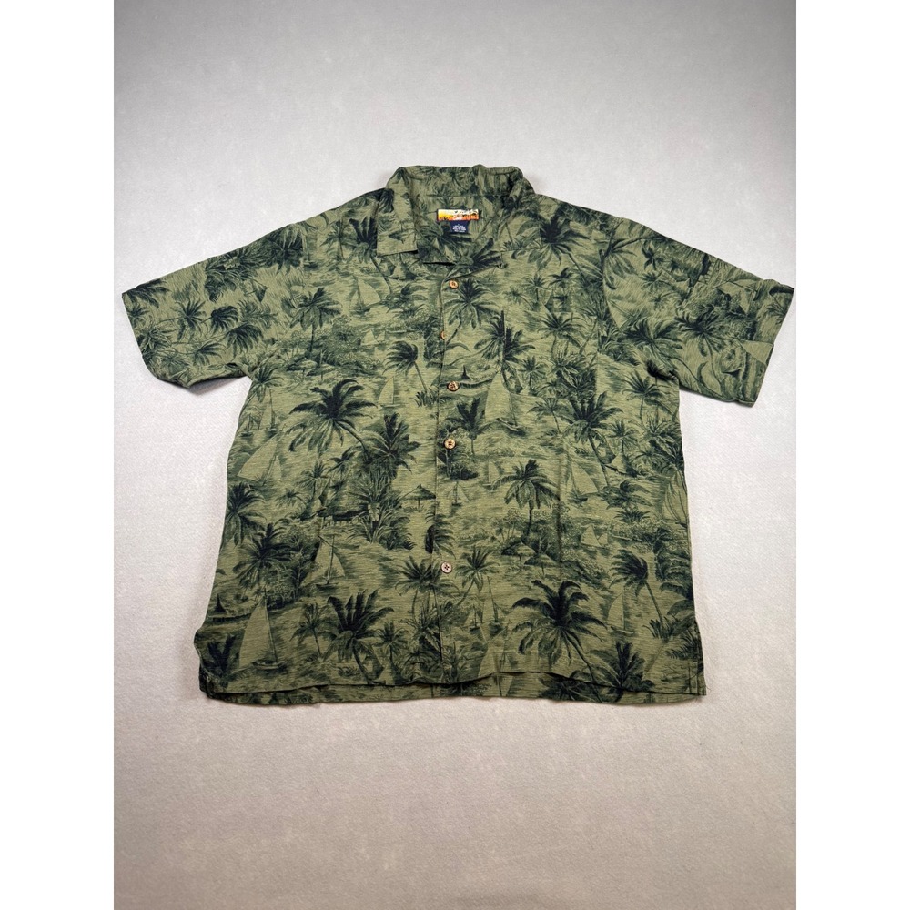 Havana Jacks Hawaiian Mens Large Green Tropical Palm Tree Sailboat Camp Shirt - Picture 1 of 5